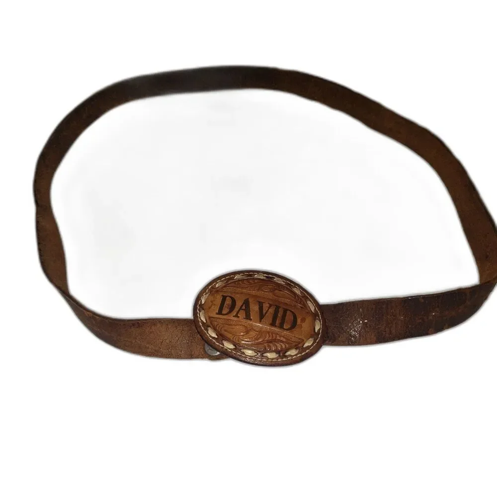 Vintage 70s DAVID Genuine Brown Leather Belt with Hand Tooled Leather Buckle